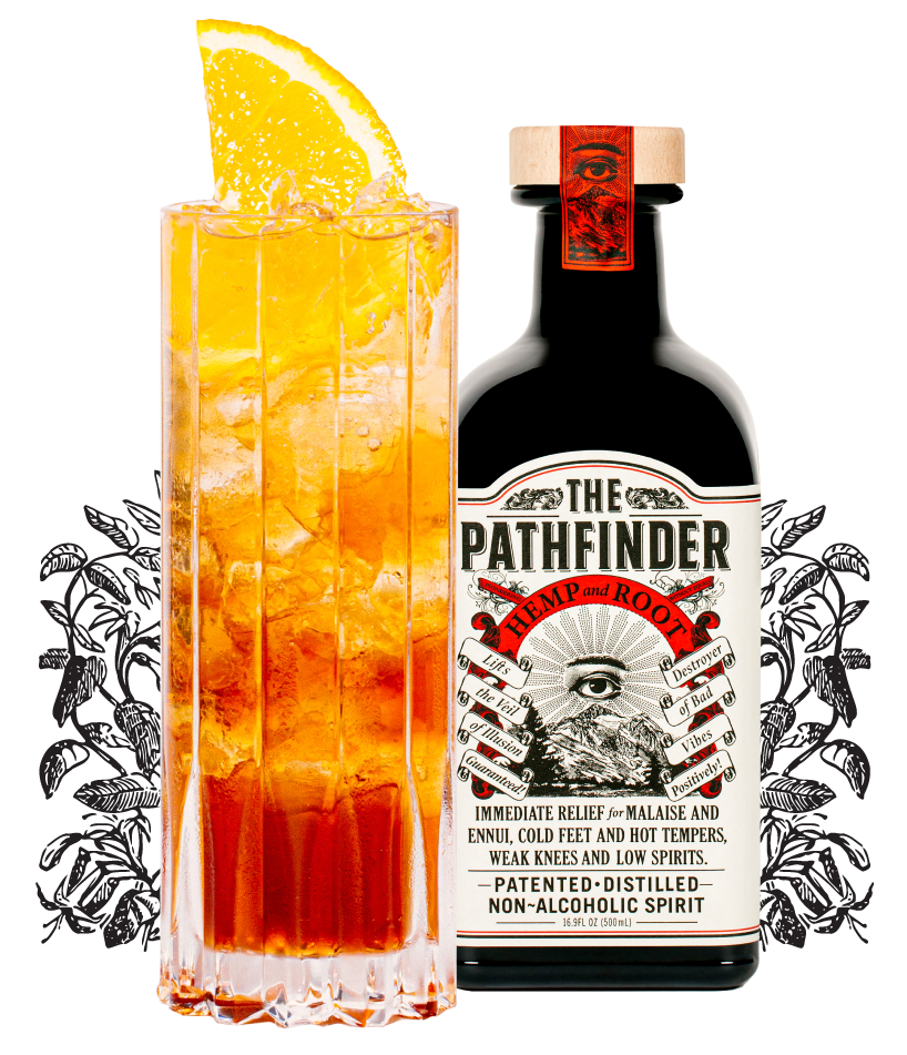 Cocktail in a collins glass and a bottle of The Pathfinder spirit.