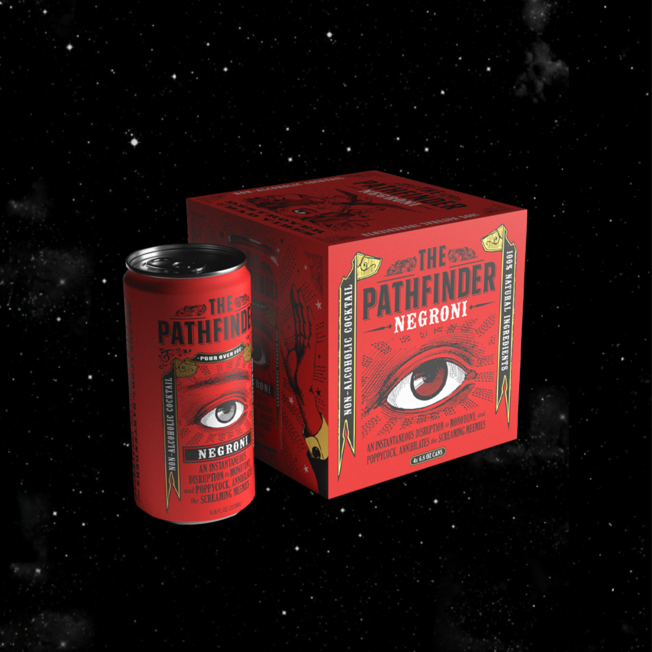 Red Pathfinder Negroni can and 4-pack box with eye graphic, set against a starry outer space background.