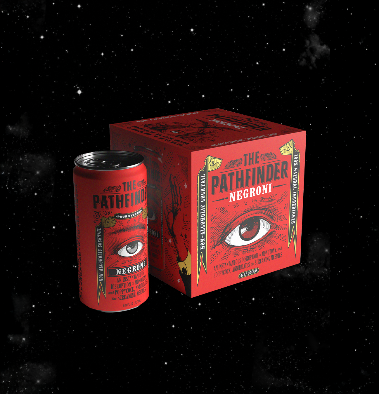 Red Pathfinder Negroni can and 4-pack box with eye graphic, set against a starry outer space background.