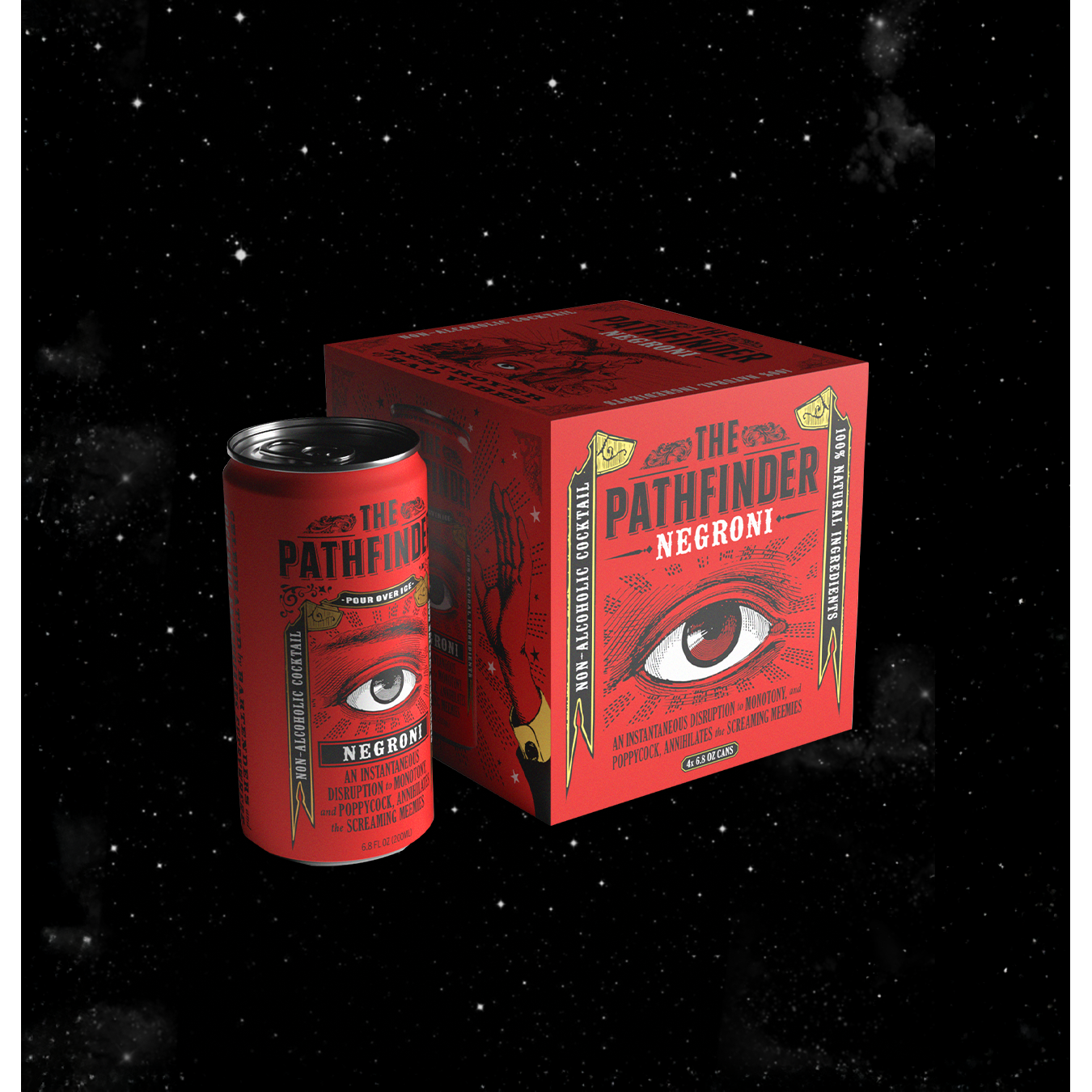 Red Pathfinder Negroni can and 4-pack box with eye graphic, set against a starry outer space background.