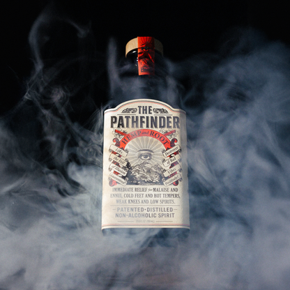 The Pathfinder Hemp and Root non-alcoholic spirit bottle surrounded by swirling smoke on a dark background.